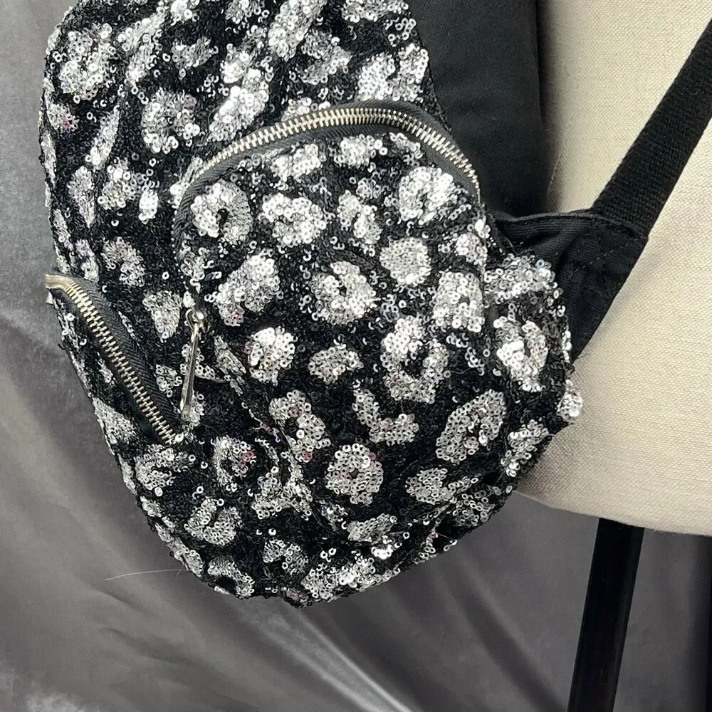 Victoria's Secret PINK Drawstring Silver Sequin Bling Large Backpack Pockets Y2K
